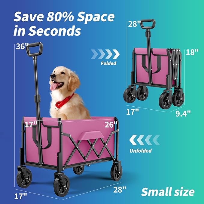Small Collapsible Wagon with Wheels, Foldable Carts with 200lbs Load Capacity, Dog Wagon, Utility Shopping Cart for Groceries, Sports, Camping, Garden, Fishing, Pink