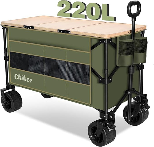 Chihee Collapsible Folding Outdoor Utility Wagon Cart,Beach Cart Large Capacity,Heavy Duty Portable Wagon All Terrain Wheels with Large Side Pocket & 1 Foldable Desktop & 2 Drink Holders