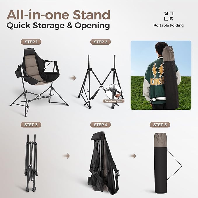 ALPHA CAMP Hammock Folding Rocking Chair with Cup Drink Holder, High Back Padded Swinging Chair for Outdoor,Camping, Lawn,Backyard,Picnic, Steel, Heavy Duty Portable Oversized(Black)