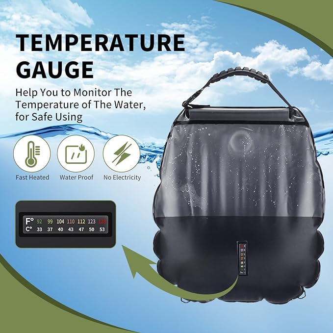 Solar Portable Shower Bag, 5 Gal/20L Solar Heating Camping Shower Bag with Removable Hose&On-Off Switchable Shower Head, Compact Camping Shower for Camping, Hiking, Traveling, Beach Swimming