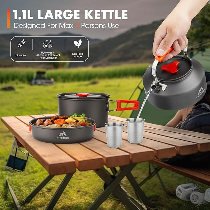 17pcs Camping Cookware Kit, 0.45Gal Pot, 7inches Pan,0.30Gal Kettle Set with 2 Set Stainless Steel Cups Plates Forks Knives Spoons for Hiking,Camping,Backpacking,Outdoor Cooking and Picnic