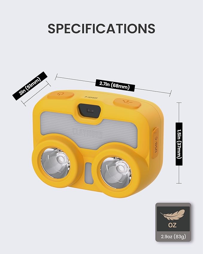 Claymore Heady3 (Yellow) - Rechargeable LED Headlamp with Motion Sensor, Lightweight for Camping, Running, Hiking, Emergency & Industrial Use. Waterproof, Up to 70 Hours of Battery Life.