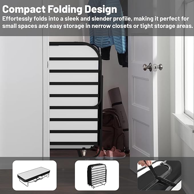 Greaton, 16-Inch Rollaway Folding Cot Bed with 5" Memory Foam Mattresses, Sturdy Metal Folding Frame, Fully Assembled, Great for Adults and Kids, 30-Inch, White