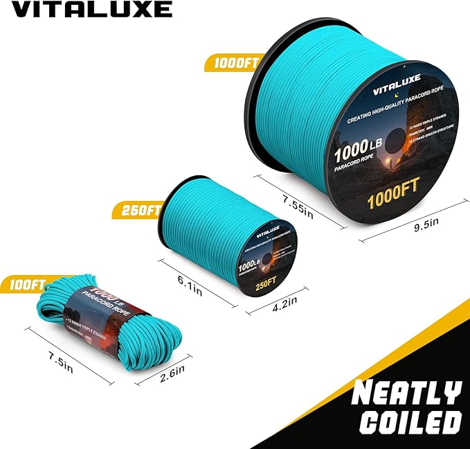 1000lb Paracord Rope, 4mm 12 Triple Strands Paracord, Heavy Duty Tactical Parachute Cord for Survival Gear, Camping, Hiking, and Ideal for Bracelets, Lanyards, Type III
