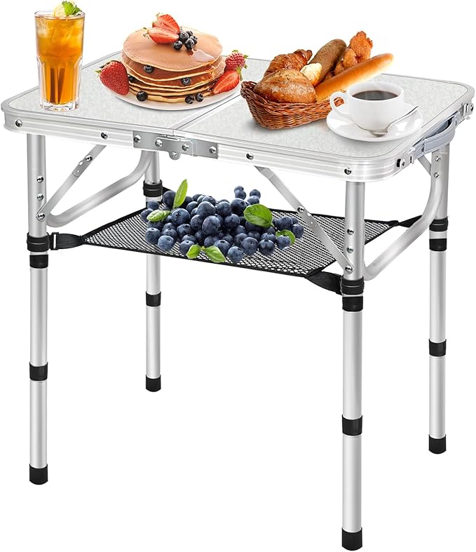 Small Folding Camping Table, 3 Heights Adjustable Portable Camp Table, 2Ft 24''L x 16''W Aluminum Foldable Picnic Table with Mesh Layer, White Folding Table for Outdoor Indoor Beach BBQ