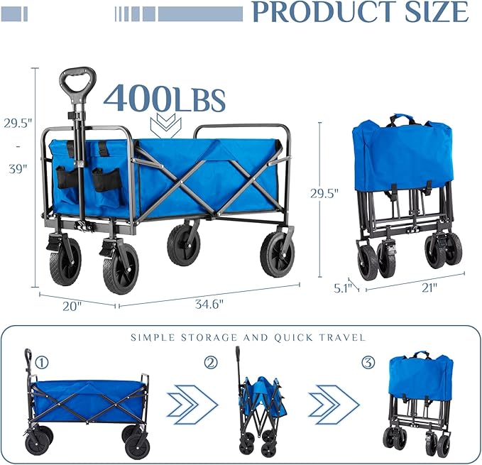 DUMOS Foldable Wagons Carts with All-Terrain Wheels, 170L & 400LBS Portable Shopping Wagon Large Capacity Utility Cart with Drink Holders, Heavy Duty Collapsible for Sand, Beach, Gardening (35IN Blue)