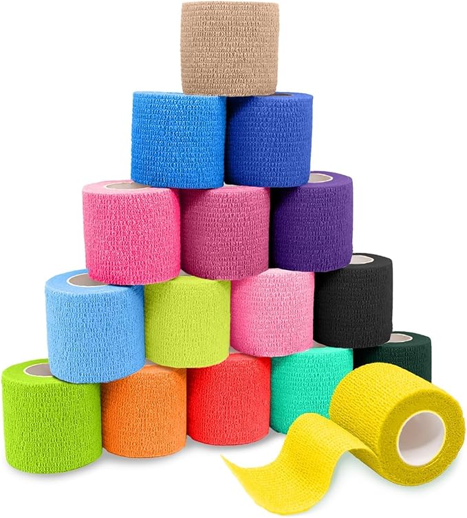 FriCARE Self Adhesive Bandage Wrap, Medical Tape in First Aid Kit, Cohesive Bandages for Wounds Sport Vet, FSA/HSA Eligible, 2 Inches X 5 Yards 16 Rolls, Vivid
