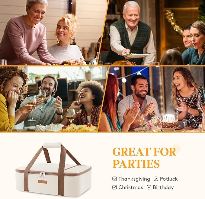 Insulated Casserole Carrier for Hot or Cold Food, Lasagna Lugger Tote for Potluck Parties/Picnic/Cookouts, Fits 9"×13" Baking Dish, Cream