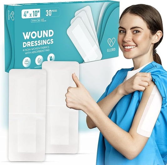 Elleirb Water-Resistant Island Dressing 4x10, Large Non-Stick Pads w/Adhesive Border Bandages for Wounds | 30 Individually Packed Wound Care & Dressings, Highly Absorbent, Latex-Free First-Aid Kits
