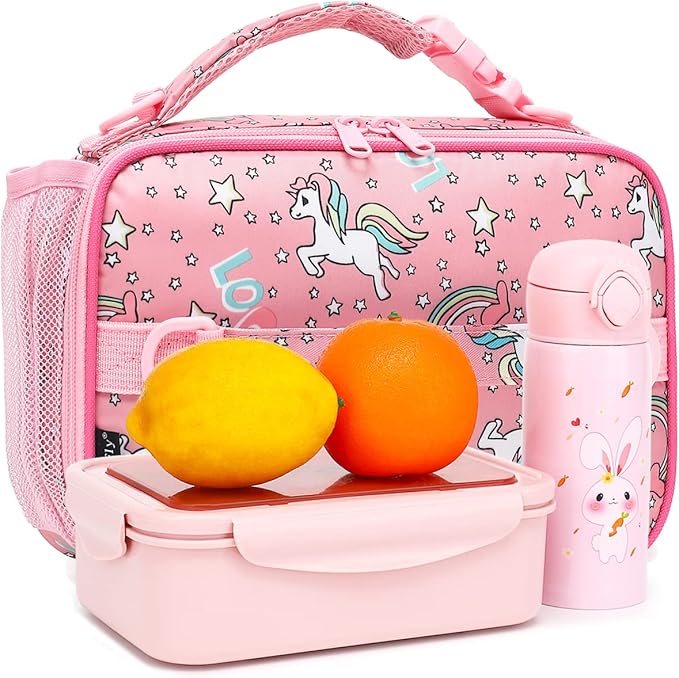 FlowFly Kids Lunch Bag, Durable Insulated School Lunch Box with Shoulder Strap and Bottle Holder, Water-resistant Thermal Small Lunch Cooler Tote for Teen Boys & Girls,Red#Uincorn