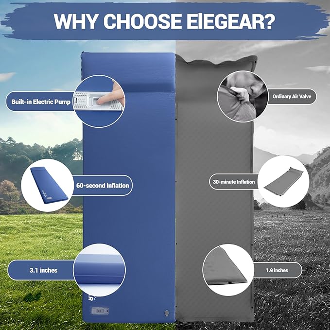 Elegear Self Inflating Sleeping Pad, Built-in Electric Pump 3.1" Ultra-Thick Memory Foam Camping Mattress Pad with Pillow Double Sleeping Pad for Camping R-Value 9.5 Foam Camp Pad for Car/Traveling