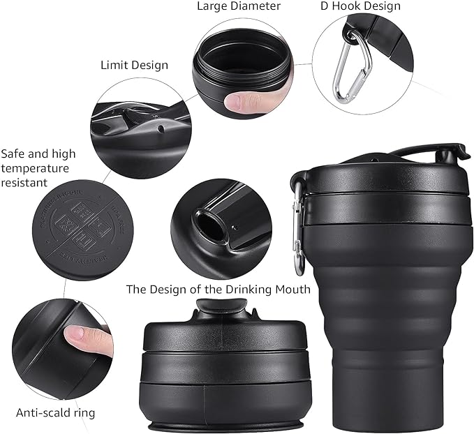 Collapsible Cup for Traveling, 20 OZ 600ml Large Silicone Folding Camping Mug, Leak Proof BPA Free Portable Reusable Bottle for Coffee, Tea, Water, Camping, Hiking, Outdoor (Black)