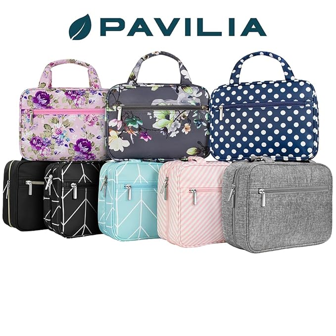 PAVILIA Hanging Toiletry Bag Travel Bag Women Men, Foldable Cosmetic Organizer, Roll up Makeup Bag, Water Resistant Accessories Toiletries, Large Travel Essentials Kit (Black Chevron)