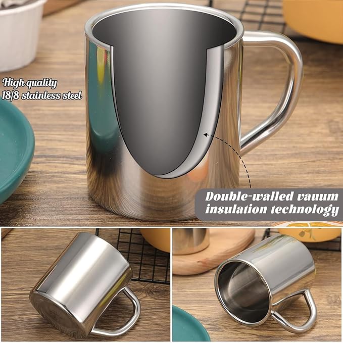 Cunhill 4 Set 13.5oz/400ml Stainless Steel Coffee Mug with Handle Metal Double Walled Cups Camping Mug Dishwasher Safe Tea Cups for Home Camping Travel Outdoors RV Keep Drinks Hot
