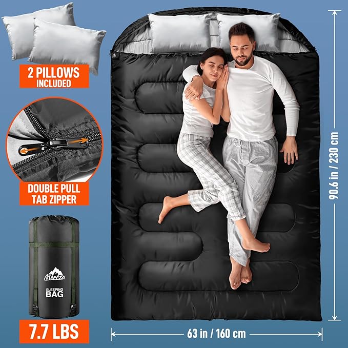 MEREZA Double Sleeping Bag for Adults Mens with Pillow, XL Queen Size Two Person Sleeping Bag for All Season Camping Hiking Backpacking 2 Person Sleeping Bags for Cold Weather & Warm