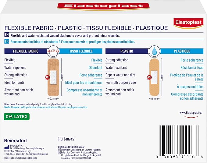 ELASTOPLAST Fabric and Plastic Adhesive Bandages Variety Pack (80 Strips), Flexible & Water-Resistant Bandage with All-Around Adhesion, Ideal for First Aid Kit {Imported from Canada}