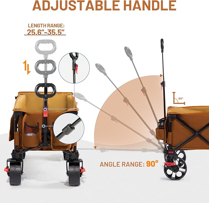 TIMBER RIDGE 47" L Collapsible Wagon with Tailgate & Brake, 300lbs Heavy Duty Beach Wagon with All-Terrain Big Wheels, 250L Foldable Utility Cart for Sand Camping Sports Shopping, Orange