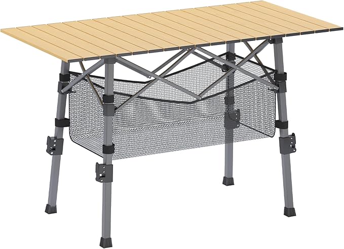 Portable Camping Table with Adjustable Legs, Picnic Table Lightweight Aluminum Roll-up beach tables for sand foldable, Folding Table with Large Storage Basket for Outdoor camping, BBQ and party