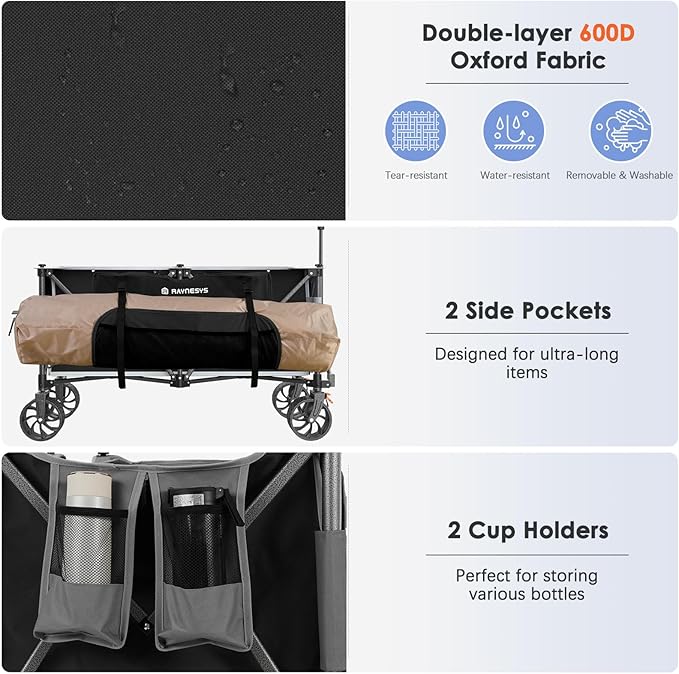 300L Collapsible Wagons Cart with Wheels Foldable, 440lbs Heavy Duty Folding Wagon, Upgraded Effortless Elegance, Foldable Wagon for Sports Beach Grocery Camping, Black & Gray