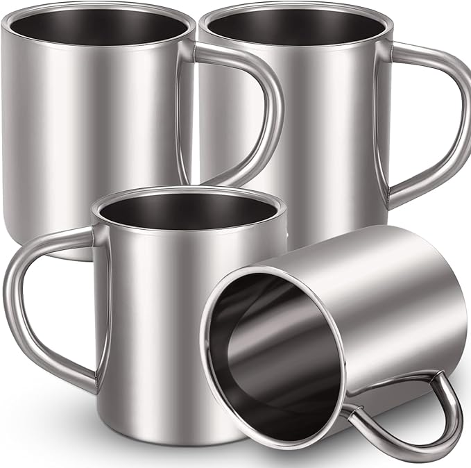Cunhill 4 Set 13.5oz/400ml Stainless Steel Coffee Mug with Handle Metal Double Walled Cups Camping Mug Dishwasher Safe Tea Cups for Home Camping Travel Outdoors RV Keep Drinks Hot
