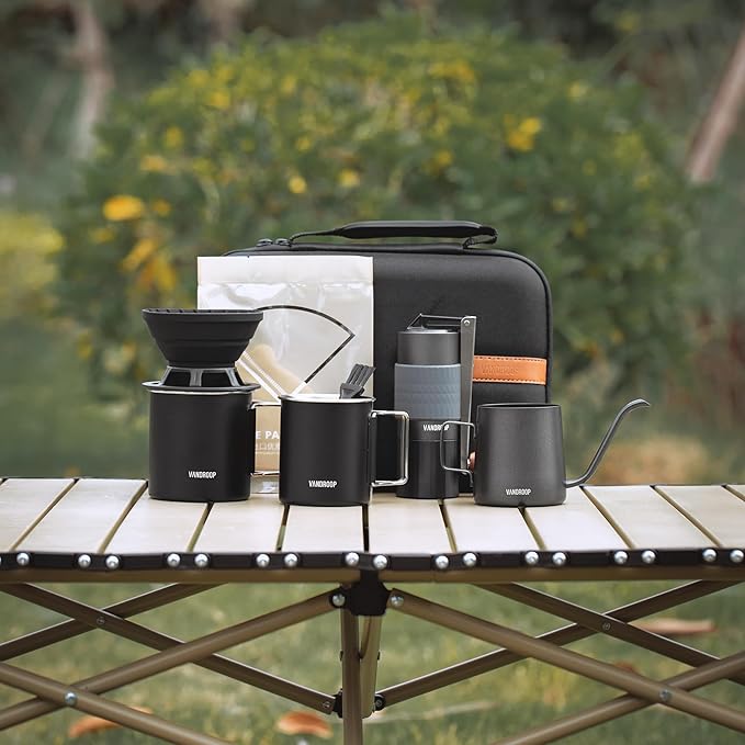 Pour Over Coffee Maker Set, ALL in 1 Portable Set- Manual Coffee Grinder with Stainless Steel Conical Burr, Collapsible Silicone Coffee Dripper Set, Coffee Gooseneck Kettle