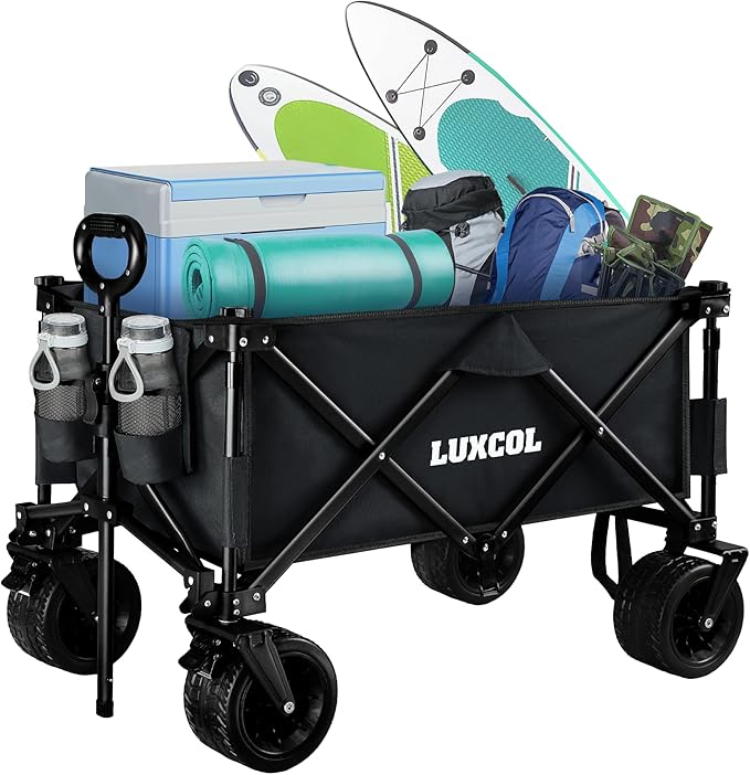 LUXCOL Collapsible Folding Wagon, Heavy Duty Utility Beach Wagon Cart for Sand with Big Wheels, Adjustable Handle&Drink Holders for Shopping, Camping,Garden and Outdoor