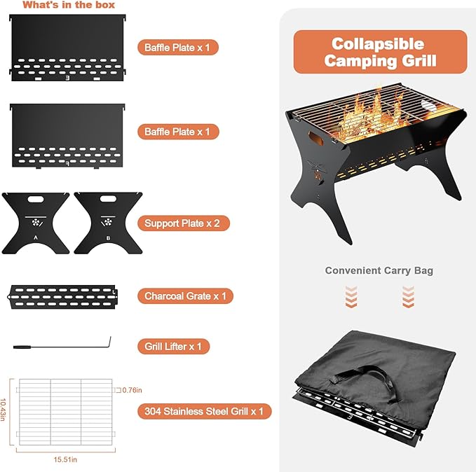 Camping Campfire Grill, Portable Folding Charcoal Grills, Backpacking BBQ Grill with Carry Bag, Outdoor Fire pit for Camping, Picnic, Bonfire, Patio, Backyard-16 Inch