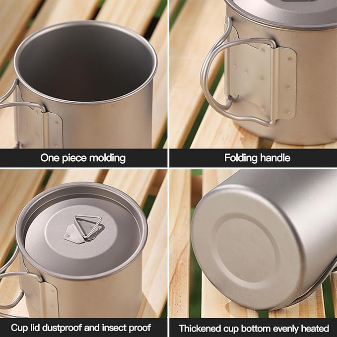 Titanium Camping Mug 400ml/13.5oz Lightweight Titanium Pot with Lid Foldable Handle Tea Cup Coffee for Outdoor Backpacking Hiking Traveling Picnic