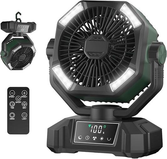 Camping Fan Rechargeble - Portable Battery Powered Fan 20000mAh with LED Lantern Light, Oscillating Tent Fan with Remote, USB Output, Dual Motor, Camping Fans for Tents, Travel, Home (Forest Green)