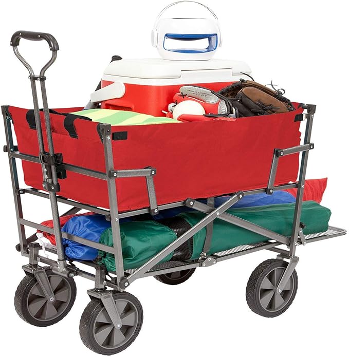 MacSports Double Decker Heavy Duty Steel Frame Collapsible Outdoor 150 Pound Capacity Yard Cart Utility Garden Wagon with Lower Storage Shelf, Red