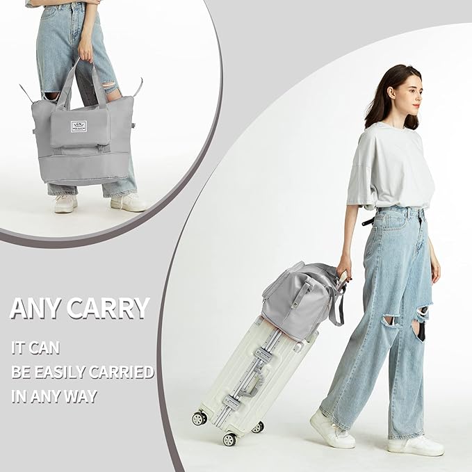 Expandable Travel Duffel Tote Bag - Foldable Overnight Weekender, Carry-On, Swim & Gym Bag - Fits Spirit Airlines Personal Item Size - Lightweight, Waterproof & Durable with Trolley Sleeve,Grey