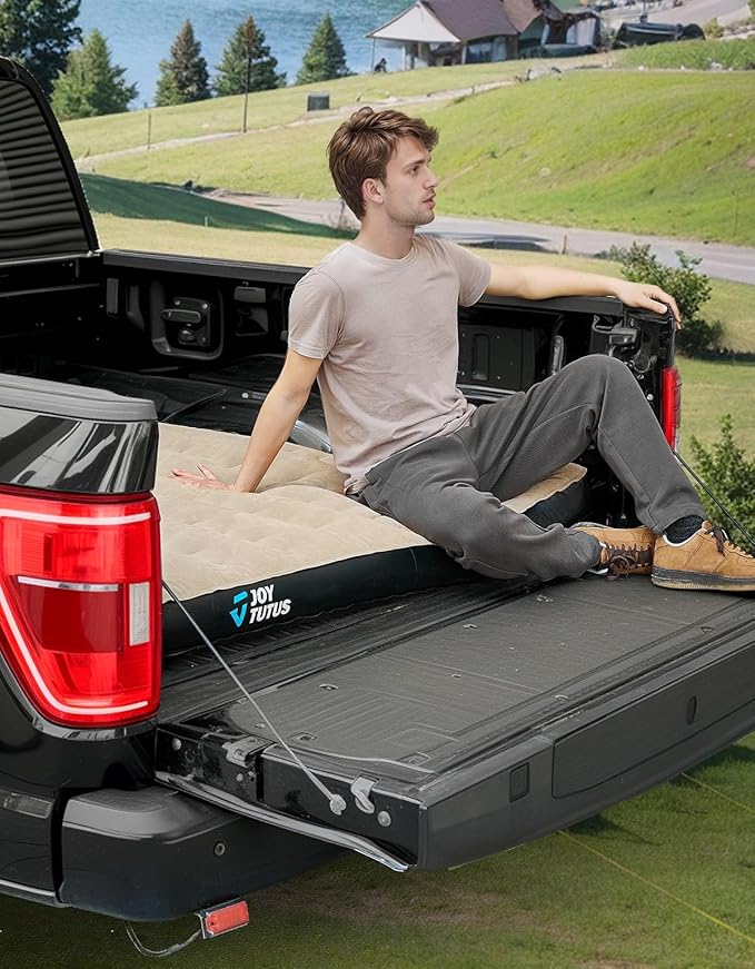 JOYTUTUS Truck Bed Air Mattress for 6.4-6.7Ft, Full Size Regular Beds for Pickup Outdoor Camping, Truck Tent Accessories with Carry Bag & Cup Holder & Cavity Design, Camel&Black