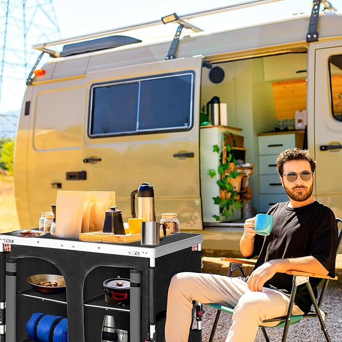 EAGLE PEAK Double Outdoor Folding Camping Table with Large 3-Tier Storage Organizer and Side Pockets, Easy Set Up Portable Aluminum Camping Kitchen, Black