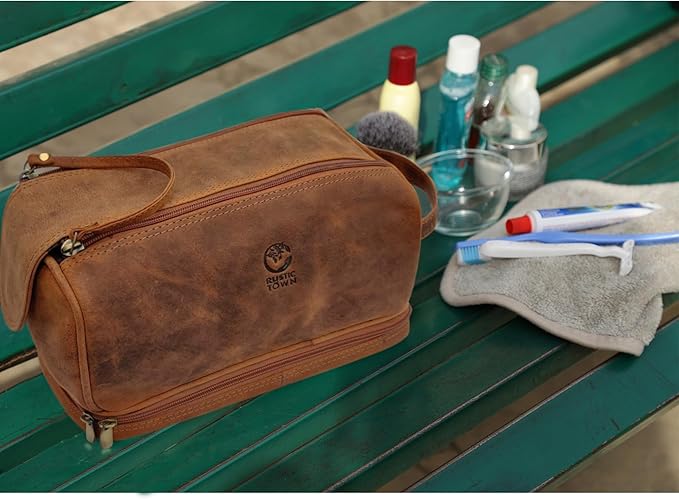 RusticTown Leather Toiletry Bag for Men - Travel Shaving Dopp Kit - Bathroom Shower Toiletries Organizer - Cosmetic Make up Bag for Women
