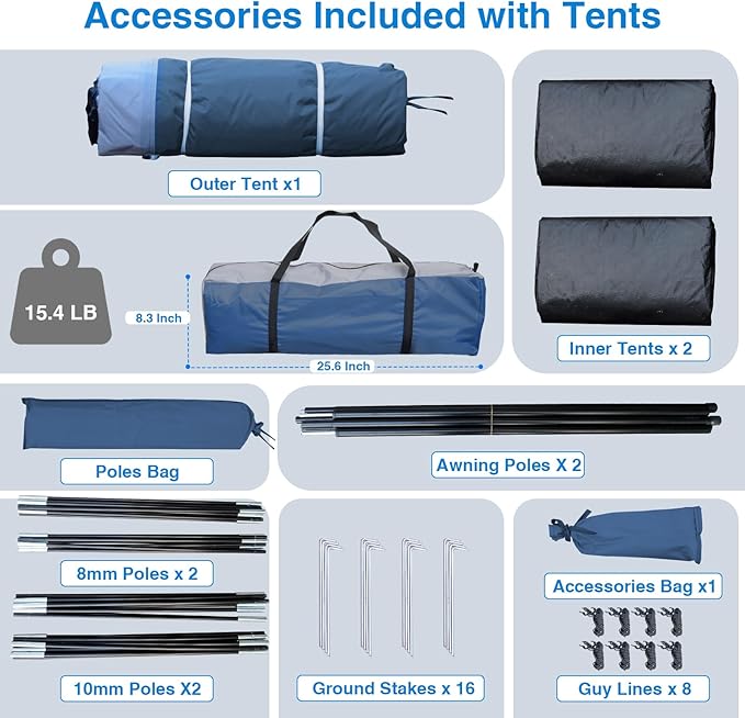 2 Room Family Camping Tent with Porch, Weatherproof Camping Shelter with Rainfly, 2-4 Person Easy Set Up Dome Tent for Outdoor, Picnic, Hiking