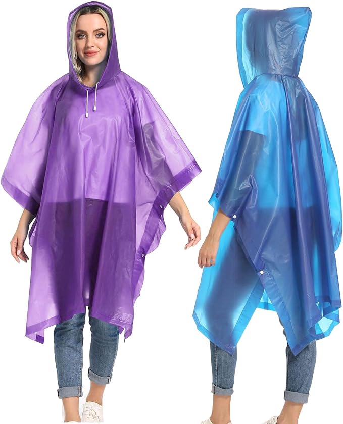 Reusable Rain Ponchos with Drawstring Hood for Adults, Waterproof Thicken Rain Coat, 2 Packs