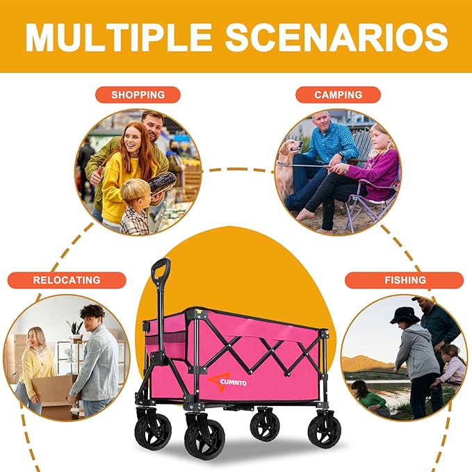 Collapsible Wagon Cart with Wheels, Heavy Duty Foldable Wagon Cart with 230lbs Weight Capacity, Utility Beach Wagons Portable for Outdoor, Grocery, Camping, Shopping, Rose Red