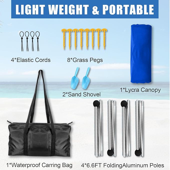 Beach Tent,10x10ft Sun Shelter UPF50+ Includes 8 Sandbags and Ground Pegs-2 Sand Shovel-4 Aluminum Poles-Carrying Bag,Beach Canopy for Camping Trips,Fishing,Backyard Fun or Picnics.