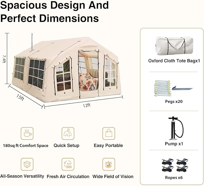 2025 Upgraded 100% Waterproof Inflatable Camping Tent, Large Blow-Up Air Tent, No Assembly Needed Luxury Glamping House, Oxford Fabric