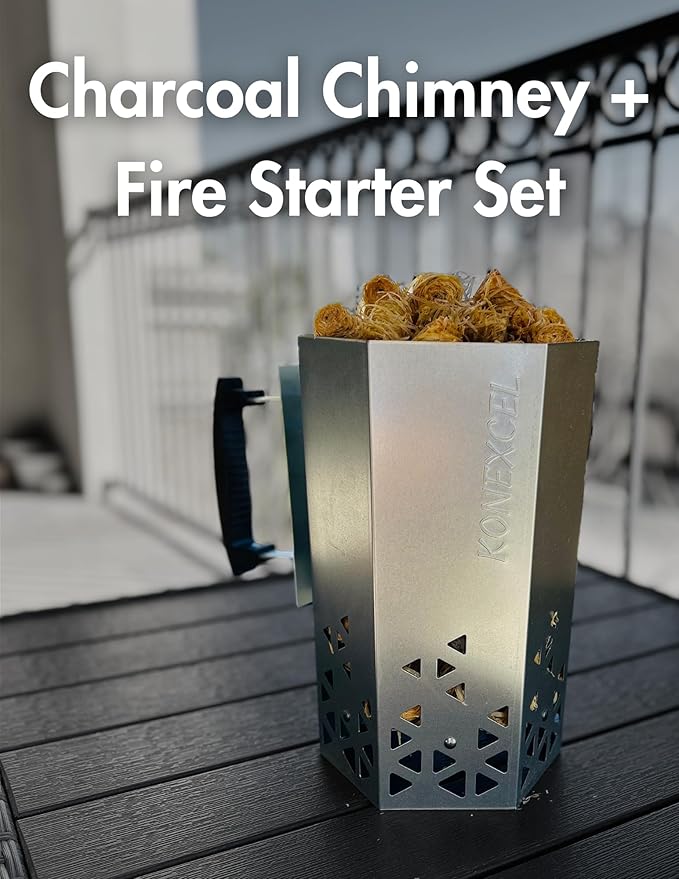 SET of Charcoal Chimney Starter & 130 PCS Fire Starters, Heavy Duty Charcoal Starter (XXL Size) & Natural Wooden Fire Starters for Grill, BBQ, Campfires, Fireplace; Optimized for Rapid Fire (130 PCS)