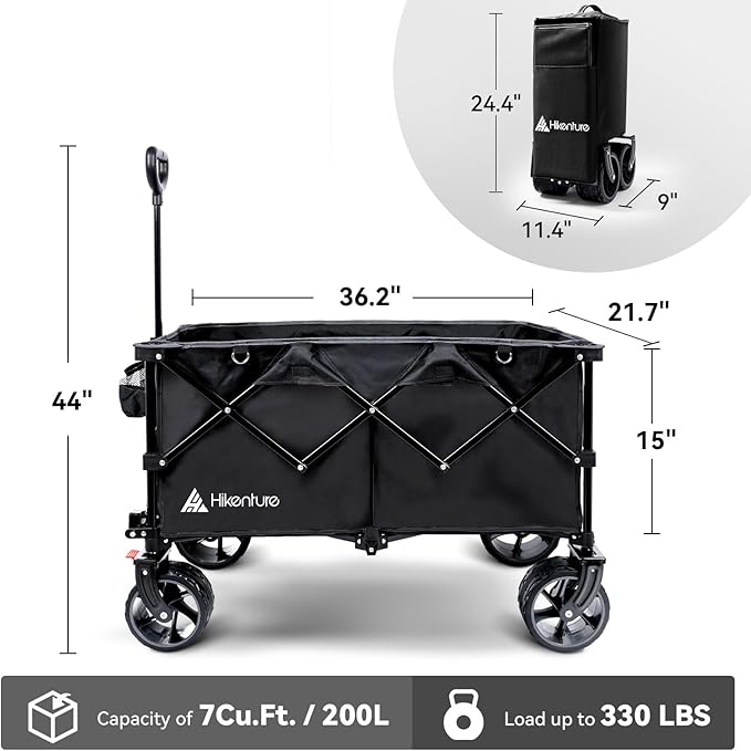 Hikenture Collapsible Wagon Cart, 330lbs Capacity Beach Wagons with Big Wheels for Sand, Heavy Duty Foldable Cart with Brakes, Portable Utility Folding Garden Cart for Outdoor