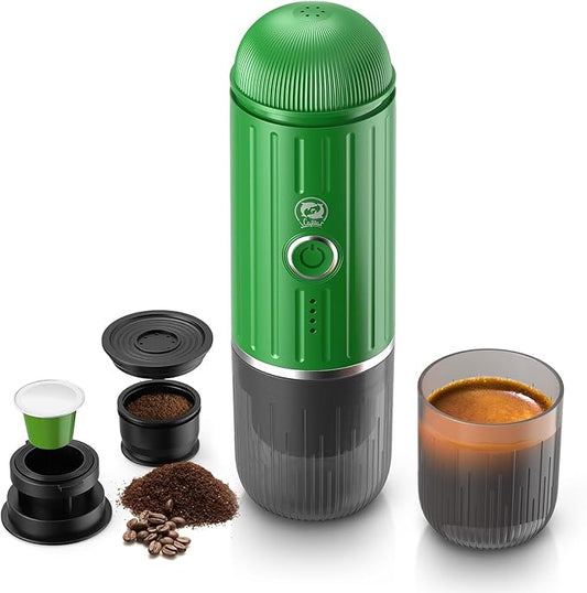 Fast self-heating Portable Electric Espresso Coffee Maker, 2 IN 1 Extraction Espresso Machine, Support Ground Coffee and NS capsule, for Travel,Car,Hiking,Climbing(Green) Rich Crema