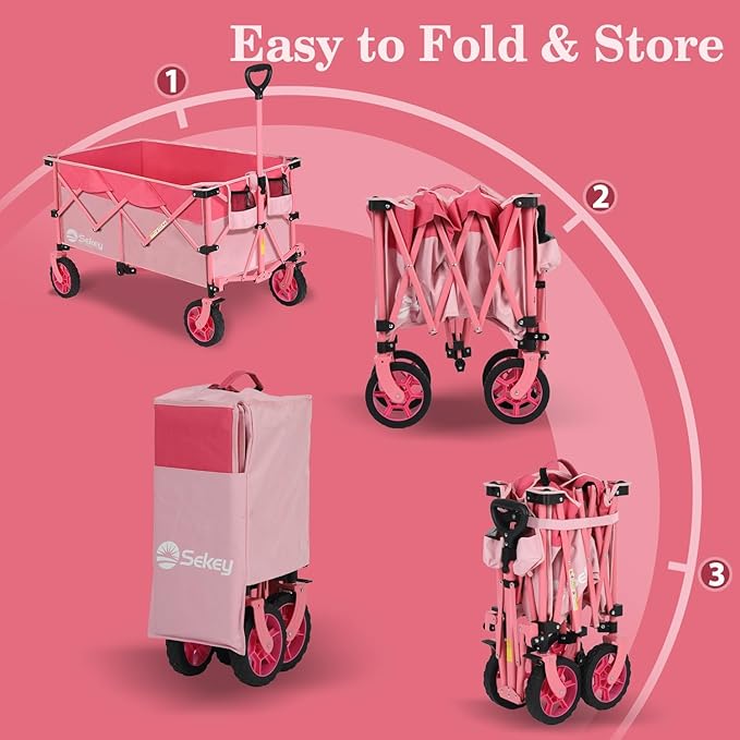 Sekey 220L Collapsible Foldable Wagon with 330lbs Weight Capacity, Heavy Duty Folding Wagon Cart with Big All-Terrain Wheels & Drink Holders (Barbie Pink)