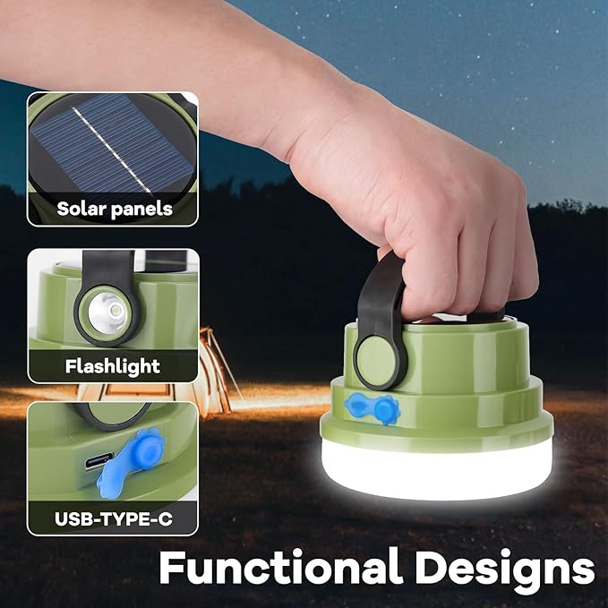 Solar Camping Lantern Rechargeable, 2-in-1 10000mAh Rechargeable Camping Light and Phone Charger for Hiking,Travel - Emergency Hanging Light for Hurricane, Power Outage, 100W, Green