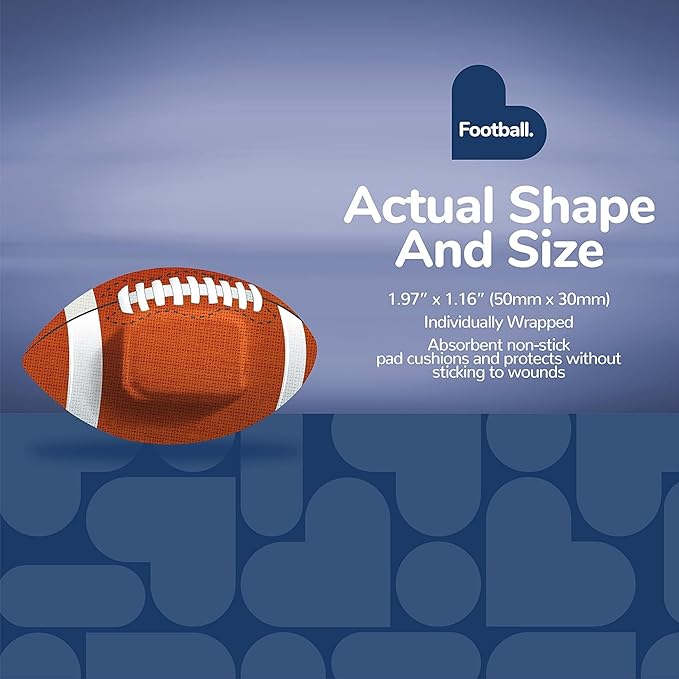 BioSwiss Bandages, Football Shaped Self Adhesive Bandage, Latex Free Sterile Wound Care, Fun First Aid Kit Supplies for Kids, 50 Count