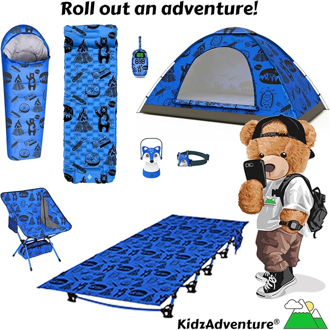 Inflatable Sleeping pad for Kids, Toddler and Youth | Air Mattress w Built-in Pump, 5’5” Ultralight Sleeping Mat with Pillow for Camping, Sleepovers & Travel | Airpad, Kids Cot, Camping Mattress -Blue