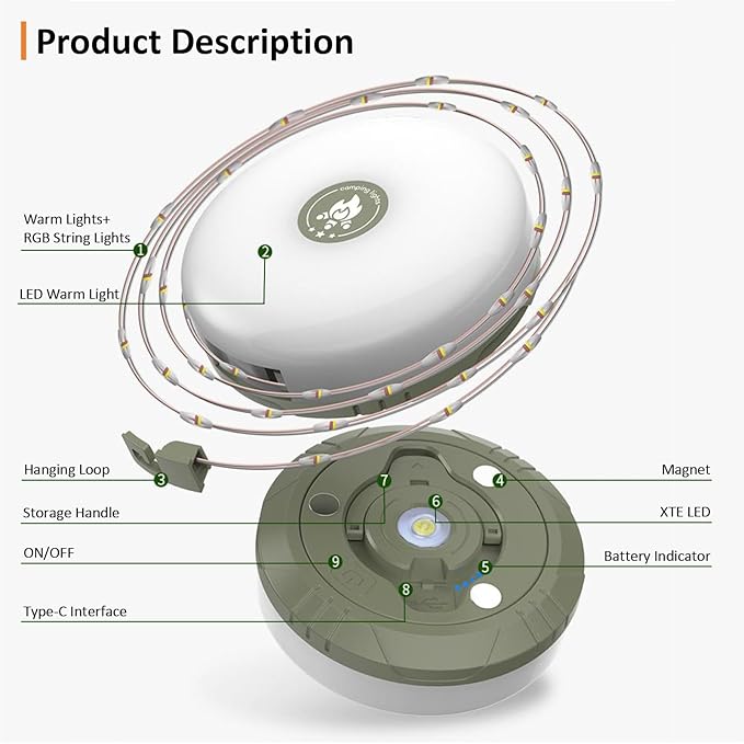 Camping String Lights with 8 Modes, 4 in 1 Portable Camping Light Rechargeable, USB Charging, Quick Storage, 32.8ft Waterproof Tent Light for Camping, Hiking, Christmas