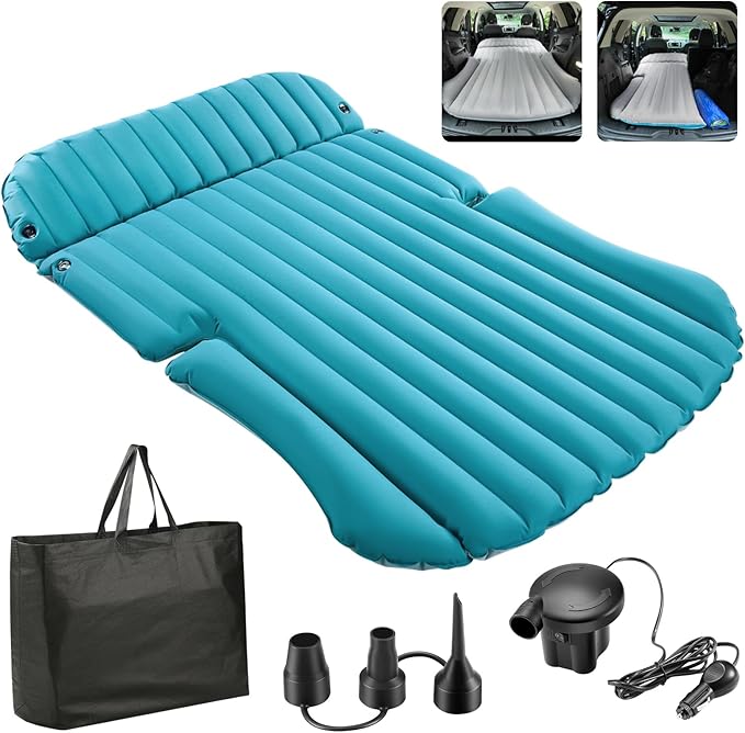 KMZ SUV Air Mattress Double-Sided Car Mattress Camping Bed Inflatable Bed with Electric Pump for SUV Trunk and Rear Seat - Gray and Blue (Without Pillows)
