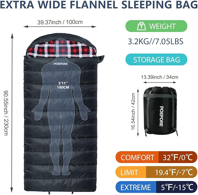 0 Degree Sleeping Bag 100% Cotton Flannel XXL Cold Weather Winter Oversized Sleeping Bag for Adults Camping Zero Degree Big and Tall with Compression Sack