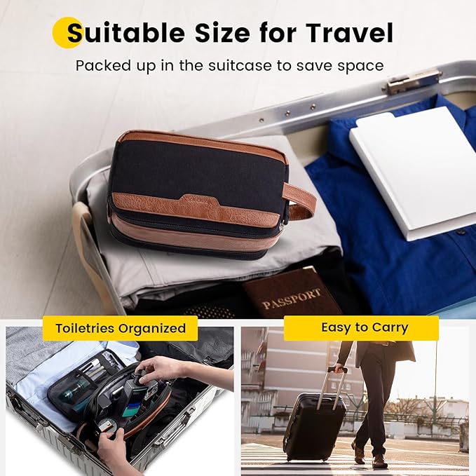 Vorspack Travel Toiletry Bag for Men - Canvas Dopp Kit Water Resistant Skincare Bag Large Shaving Bag for Bathroom Toiletries Accessories Gifts - Black